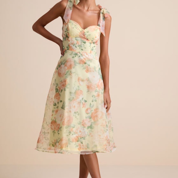 Lulus Olesya Light Yellow Floral Tie-strap Midi Dress - Size L - Picture 1 of 1